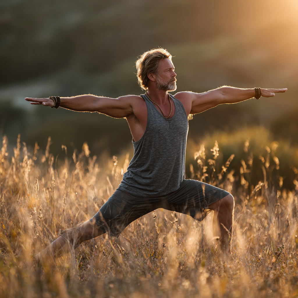 Middle-aged man in his early fifties performing a warrior pose during yoga practice in a serene natural outdoor setting