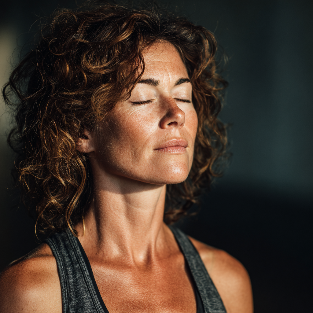Peaceful woman in her late forties sitting in meditation pose with eyes closed in a tranquil yoga studio with soft natural lighting